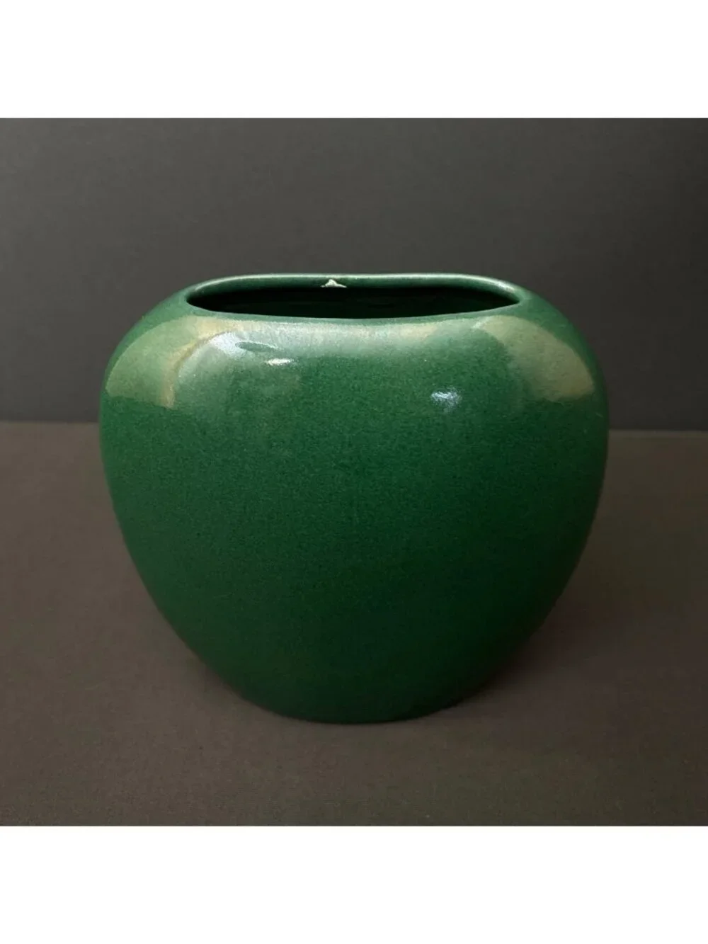 Vintage Green Vase Ceramic Glossy Finish Asymmetrical Oval Shape Modern Design